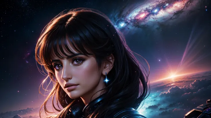 A beautiful portrait of Penelope Cruz surrounded by space and nebula., Action pictures of hot, beautiful EDM girls, The future of the year 2300, Highly detailed, art station, illustration