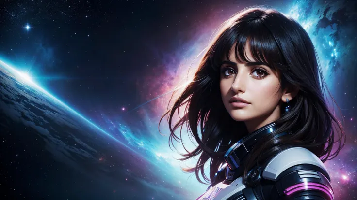 A beautiful portrait of Penelope Cruz surrounded by space and nebula., Action pictures of hot, beautiful EDM girls, The future of the year 2300, Highly detailed, art station, illustration