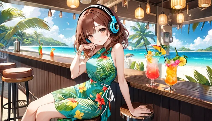 Brown-haired girl wearing headphones、Tropical cocktail time highly detailed、masterpiece, Highest quality, Light background：Tropical cocktail bar look：Relaxed and fun outfit：Tropical cocktail dress pose：Sitting at a bar with a cocktail：Tropical resort bar
(...