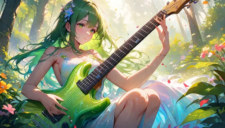 (best quality,4k,8k,highres,masterpiece:1.2),ultra-detailed,realistic,crystal-clear guitar carving,translucent morning of spring,sunlight reflection on guitar,body details,delicate strings,vibrant color palette,sculpting tools,hourglass figure,sound holes,...