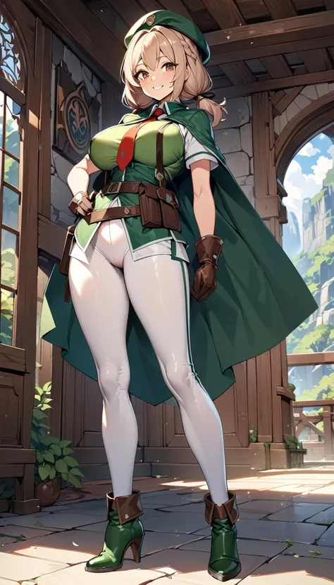 An adventurer guild clerk girl, sexy body, big breasts, big hip, ((green clerk outifit, red necktie, green beret, short cape, white leggings, leather gloves, leather high heels boots, leather belts and pockets, dagger on hips)), (short hair, low brown brai...