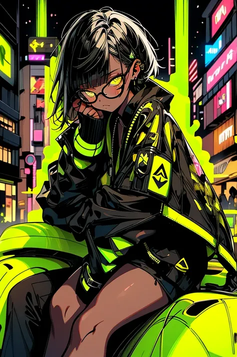 girl, yellow long hair, cool black open short jacket, messy fade cut hair, crazy, sit pose, on futuristic neon night street background,poser.Glasses、Brown Skin、Dark Skin