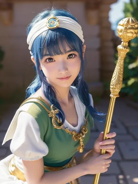 A 20 years old japanese girl,(DragonQuest sage,dq3,White Dress,golden headband,staff of enlightenment,Lotto emblem:1.5),beautiful detailed eyes,beautiful detailed lips,extremely detailed face and eyes,long eyelashes,cutie smile,blue hair,fantasy,medieval,m...