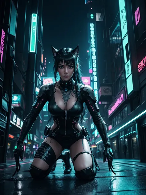 Create an ultra realistic 5D image of a beautiful girl with green eyes and long eyelashes dressed as a cyberpunk in neon glowing molecular microparticles in all colors, cool cyberpunk outfit with all its ornaments, futuristic city environment in this kneel...