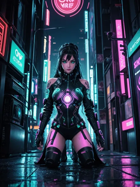 Create an ultra realistic 5D image of a beautiful girl with green eyes and long eyelashes dressed as a cyberpunk in neon glowing molecular microparticles in all colors, cool cyberpunk outfit with all its ornaments, futuristic city environment in this kneel...