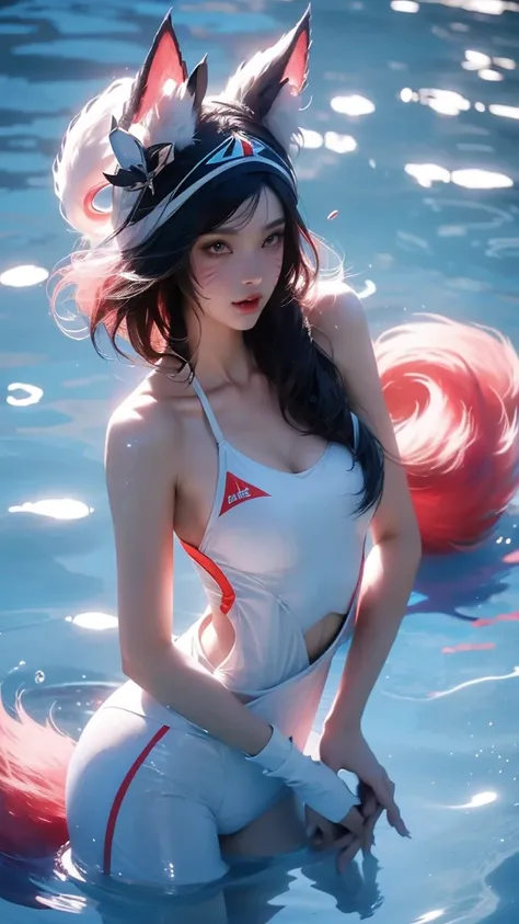 Great Games,jock,Nine-tailed fox girl,Wearing a swimming cap,Wearing a white jumpsuit,In the pool,Swimming,During the game