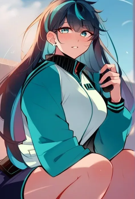 juder_style, score_9, score_8_up, score_7_up, score_6_up, score_5_up, score_4_up, hd, (ultra hd quality details), 8K, 1girl, long hair, Hourglass body, light blue eyes, dark indigo hair, 2d illustration, cyan varsity jacket