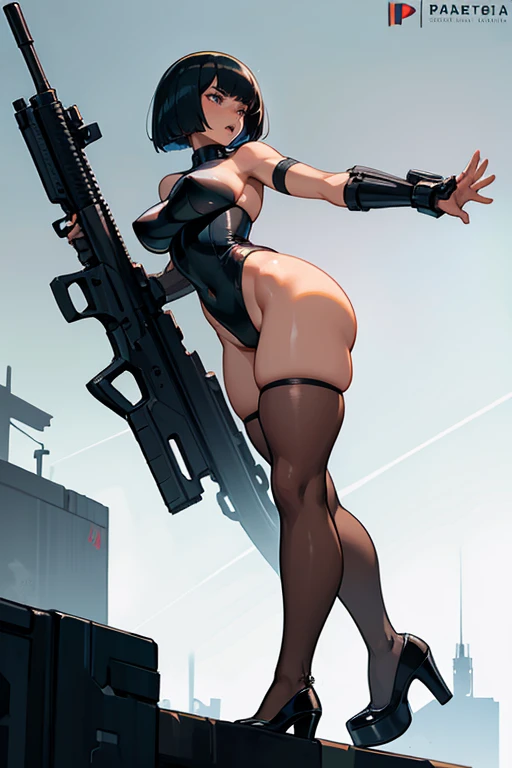 thick hips, thick thighs, platform heels, high cut leotard,  huge breast, thin waist, bob cut hair, tanned skin, gun, angry look, scream, thick body, tight stockings, front profile back, cyberpunk, soldier girl,