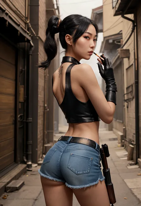 Background evening、Steampunk-style back alley、Asian Woman、Fabric black tank top、ponytail、Russet Hair、Facing forward、Holding a gun in both hands、Holding a gun here、Smoking a cigarette、Wearing black leather gloves、Wearing denim shorts、Dynamic Movement