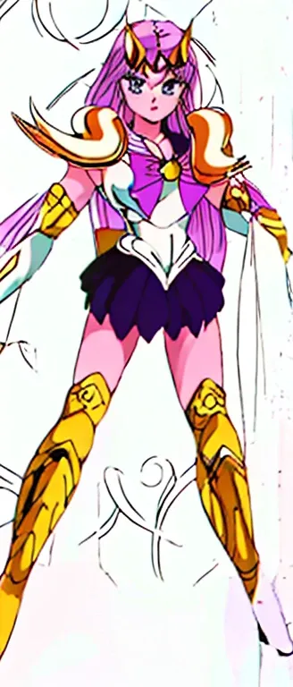 masterpiece, Highest quality, (One girl), sailor moon outfit, ar13smucdzt, AriesArmor, shoulder_armor decoration, Purple long hair, Sailor Warrior Uniform, Large gold horns on shoulders, big, beautiful green eyes. Big eyes. Detailed facial features. かなり長いP...