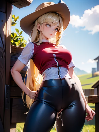 AppleJack, AppleJack from my little pony, AppleJack in the form of a girl, long hair, Wild hair, cowboy hat, apple earrings, on a farm with apple trees, steampunk style, a lot of magic, lightning nets, best quality, very detailed, ultra 8k resolution, (cum...