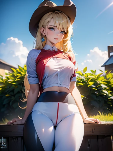 AppleJack, AppleJack from my little pony, AppleJack in the form of a girl, long hair, Wild hair, cowboy hat, apple earrings, on a farm with apple trees, steampunk style, a lot of magic, lightning nets, best quality, very detailed, ultra 8k resolution, (cum...