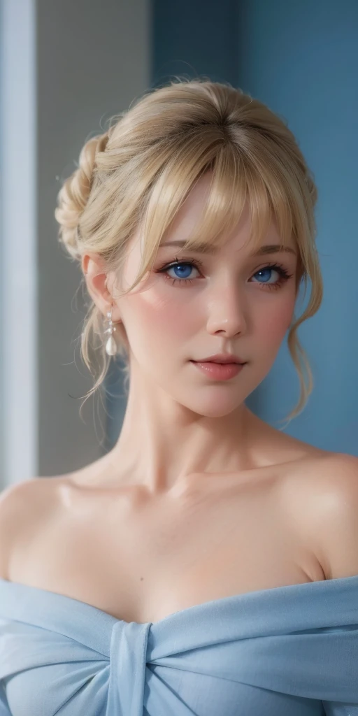 elegant mature woman, blonde, chignon hair, blue eyes, soft light, 4k resolution, high detailed, high quality, beautiful cg