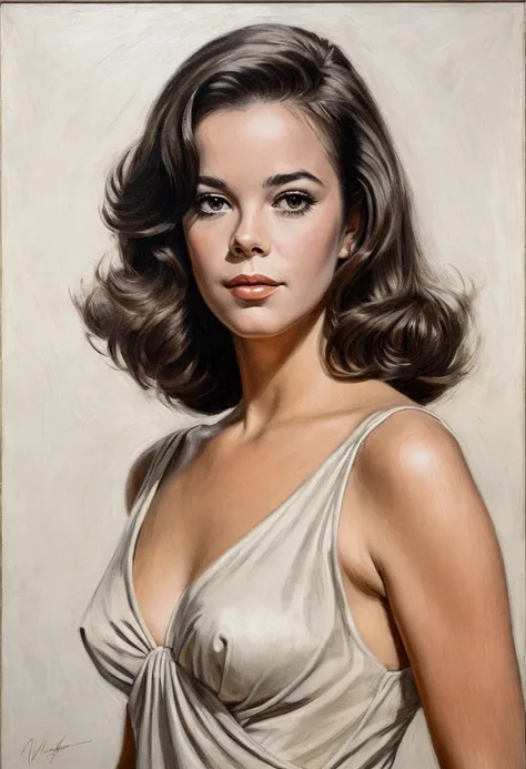 A delicate, oil painting portrays, a nude beautiful Natalie Wood look, medium firm breasts, standing bare feet without background, her features rendered in subtle shading and precise lines. The framing is tight, focusing attention on the subjects serene fa...