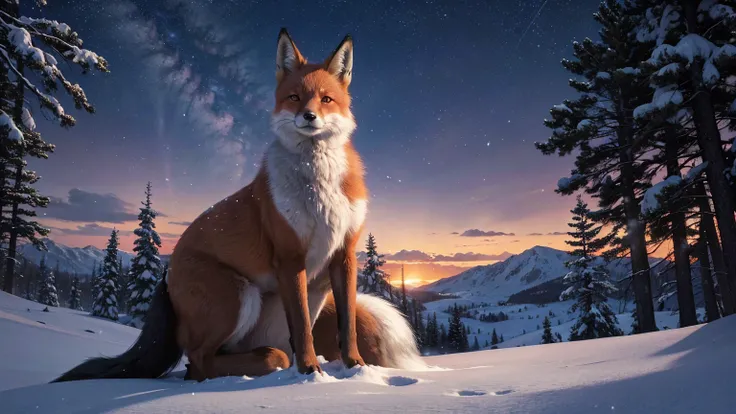 /imagine prompt: A digital painting of a fox girl, with expressive eyes and fox-like features, seated in a snowy field, surrounded by delicate snowflakes. The background shows a distant village blanketed in snow. The sky is a gradient of twilight colors, w...