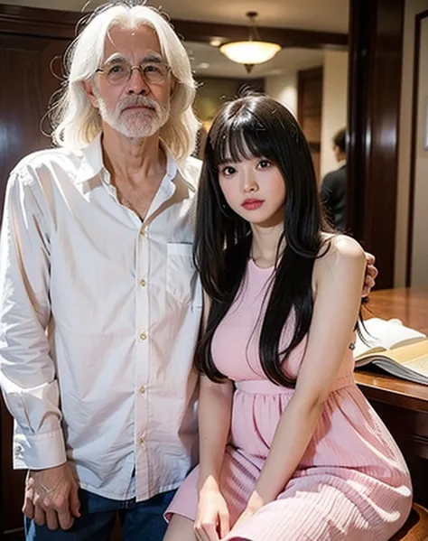 16 years old girl, white hair long hair with bangs, cute, have messy hair, wearing mini pink dress, with black man professor her bf