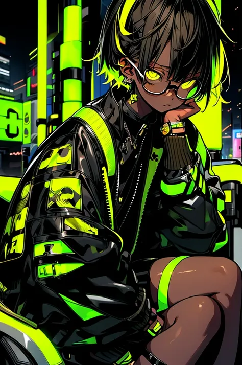 girl, yellow hair, cool black open short jacket, crazy, on futuristic neon night street background,poser.Glasses、Brown Skin、Dark Skin、Side sitting pose、boyish、Kind Face、Bearish、Quiet