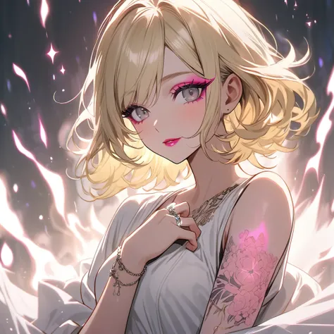 Fashionable blonde woman, no bangs, aura of happiness and tranquility, makeup, pink lipstick, pink eyeliner, a ring, white outfit, a tattoo on her arm, gray eyes,