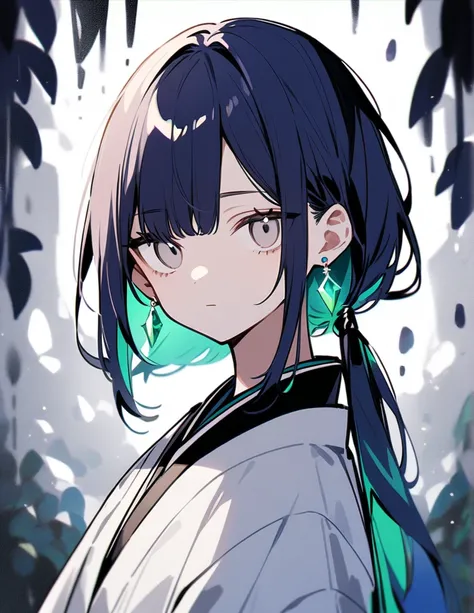 Kimono、Low ponytail、Indigo Hair、White and black eyes、Odd Eye、Blue and green crystal earrings、Expressionless girl