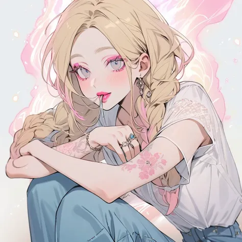 Fashionable blonde woman, no bangs, aura of happiness and tranquility, made up, with pink lipstick, pink eyeliner, a ring, blue pants, a tattoo on her arm, gray eyes, with braids, white stick y her mouth