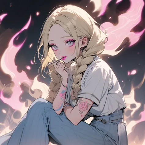 Fashionable blonde woman, no bangs, aura of happiness and tranquility, made up, with pink lipstick, pink eyeliner, a ring, blue pants, a tattoo on her arm, gray eyes, with braids, white stick y her mouth