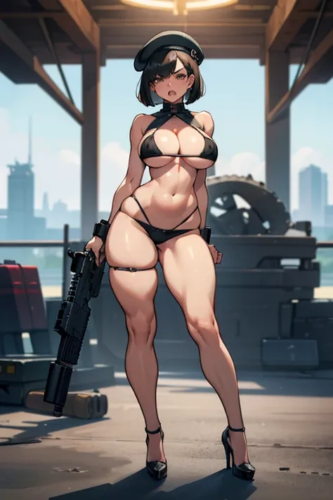  thick hips,  thick thighs, platform heels, mini bikini, huge breast, thin waist, bob cut hair, weapon, tanned skin, gun, angry look,  scream, thick body, fitness, stockings, beret, military,