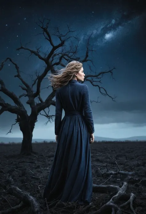 Create an 8K portrait of a woman standing in a vast, dark field under a night sky. The woman, depicted with an expression of despair and solitude, is standing with her back to the viewer, her clothing fluttering in the strong wind. The background should in...