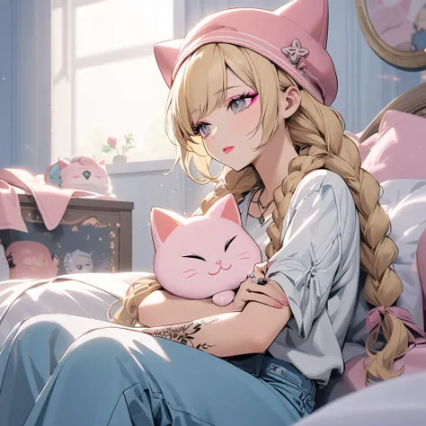 Fashionable blonde adult woman, no bangs, aura of happiness and tranquility, wearing makeup, pink lipstick, pink eyeliner, a ring, blue pants, a tattoo on her arm, grey eyes, with braids, sitting in her bedroom, a pink cat hat for sleeping.