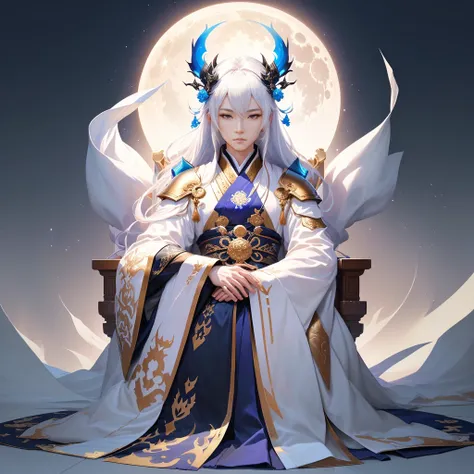 Alafud image display，A man sitting on a throne，The background is a round of moon, Luna, White-haired deity, wlop 和 ross tran, author：Yang J, Ross Tran 和 Bayard Wu, flowing white robe, ross tran 和 wlop, Peter Moore. Unreal Engine, Ross Tran and Michael Whel...