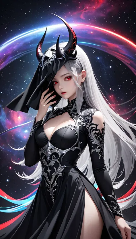 female demon with a black base, hiding his face with a mask, a silver mask with red eyes that covers the entire head, a beautiful form, long straight silver hair, and a long, flowing black dress, background galaxy, octagram, shading effects, gradation magi...