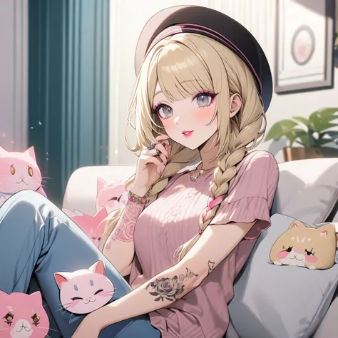 Fashionable blonde adult woman, no bangs, aura of happiness and tranquility, made up, with pink lipstick, pink eyeliner, a ring, blue pants, a tattoo on her arm, gray eyes, with braids, sitting in her living room, a hat with a pink cat face,