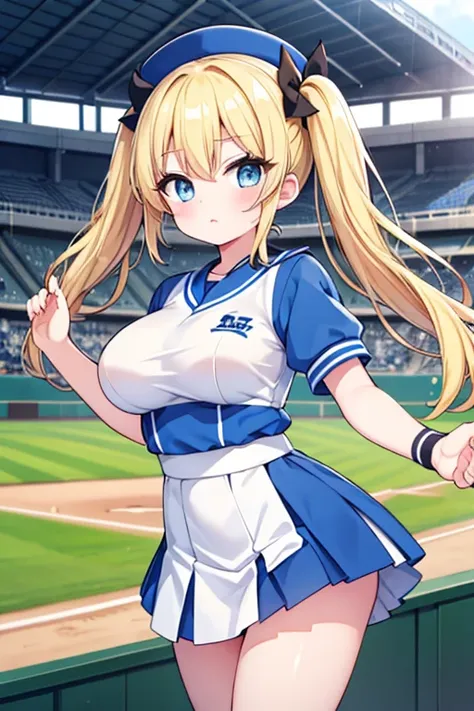 highest quality,masterpiece,blonde with blue eyes、cheerleader,cheerponpon,(hanshin koshien baseballstadium1.1),be in the audienc...