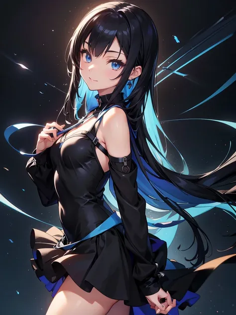 anime girl with long black hair and blue eyes in a black dress, anime drawing by jan j., pixiv, self-sastructing art, best anime...