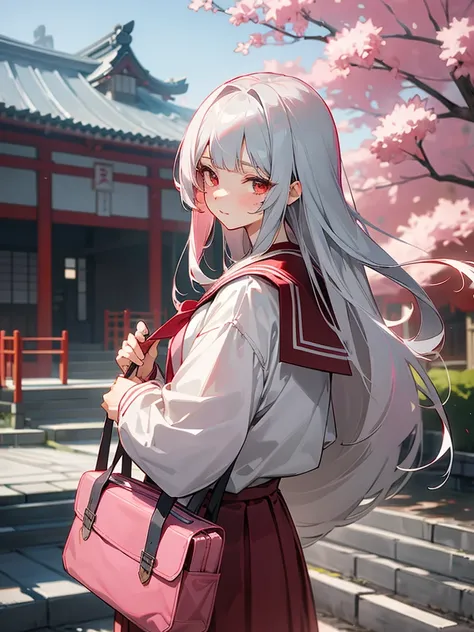 Draw me an mature girl anime,she had a straight bangs and long hair with silver colour,and red colour eye. Wearing a seifuku girl outfit japanese,holding a pink bag school,and phone,scenery is beautiful japan way behind her