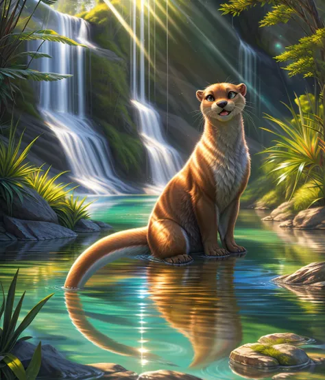 playful otter by the water,sunlight shining,rippling water,realistic nature,highly detailed(fine details:1.2), hdr,ultra-detaile...