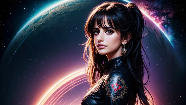 A beautiful portrait of Penelope Cruz surrounded by stars, an action shot of a girl dressed in EDM style. Hot and Beautiful, Highly Detailed, Art Station, Illustrated