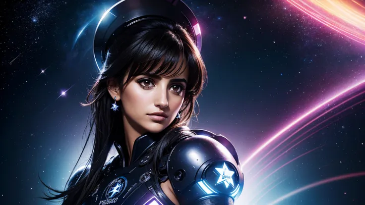 A beautiful portrait of Penelope Cruz surrounded by stars, an action shot of a girl dressed in EDM style. Hot and Beautiful, Highly Detailed, Art Station, Illustrated