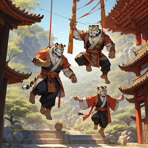 Age of Fairy Tales，Suspended in the air岛屿 宗门，big family，Tribal Chinese style ancient house，Wearing a Taoist robe，robe，Suspended in the air，Muscular tiger holding a sword