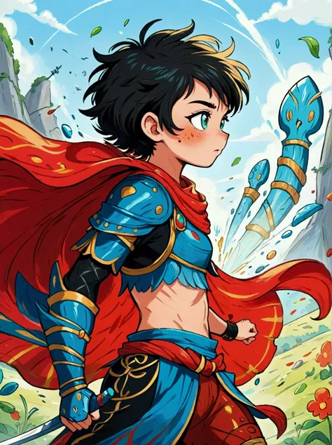 Create a digital painting that portrays a brave warrior, symbolizing the battle of health. Use bold and vibrant colors to enhance the whimsical and vivacious feel, typical of childrens design. The warrior should be seen in dynamic poses, drawing inspiratio...