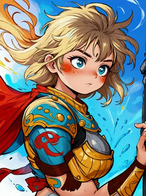 Create a digital painting that portrays a brave warrior, symbolizing the battle of health. Use bold and vibrant colors to enhance the whimsical and vivacious feel, typical of childrens design. The warrior should be seen in dynamic poses, drawing inspiratio...