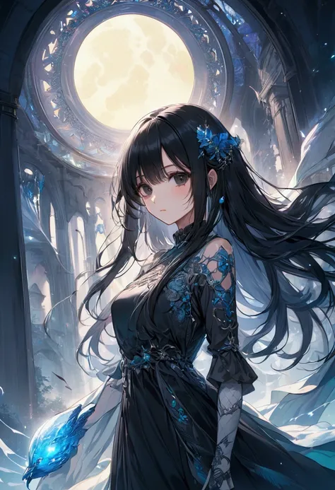 anime girl,long black hair,black eyes,aesthetic built,fantasy,best quality,4k