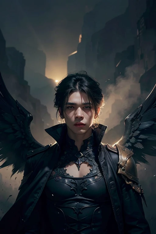 (1male:1.4), (Angel Samael with large majestic wings), (looked up into the light:1.2), handsome face, short hair, hair between eyes, asian,  black fabrics, underworld of death view, cloudy, black bold fog, magic the gathering artwork, gothic art, concept a...