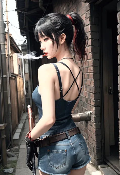 ４ｋ、Super Resolution、Background evening、Steampunk-style back alley、Asian woman facing forward、The eyes are very narrow and sharp、Staring at me、Hitomi is red、Fabric black tank top、ponytail、The hair is black and red、Holding a handgun in both hands、The arms ar...