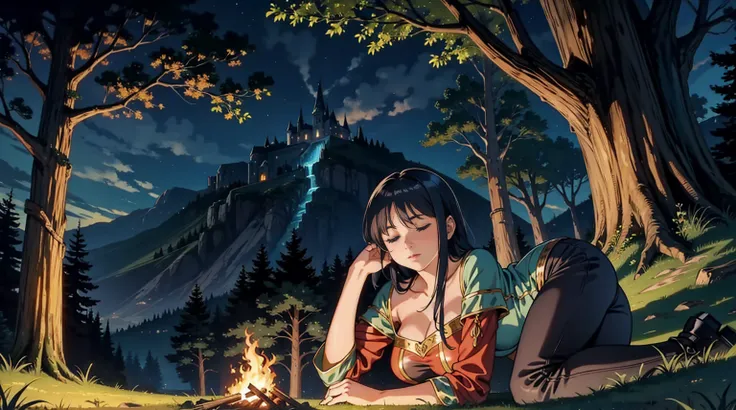 night　Medieval fantasy world　Adventurer　bonfire　sleep　woman　lean on a tree