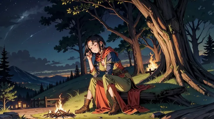 night　Medieval fantasy world　Adventurer　bonfire　sleep　woman　lean on a tree