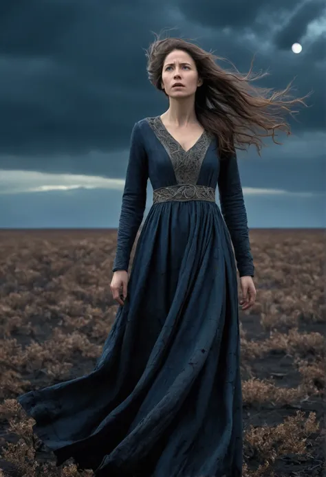 Create an 8K portrait of a woman standing in a vast, dark field under a night sky. The woman, depicted with an expression of despair and solitude, is facing forward, her long, tattered dress fluttering in the strong wind. Her hair, also tousled by the wind...