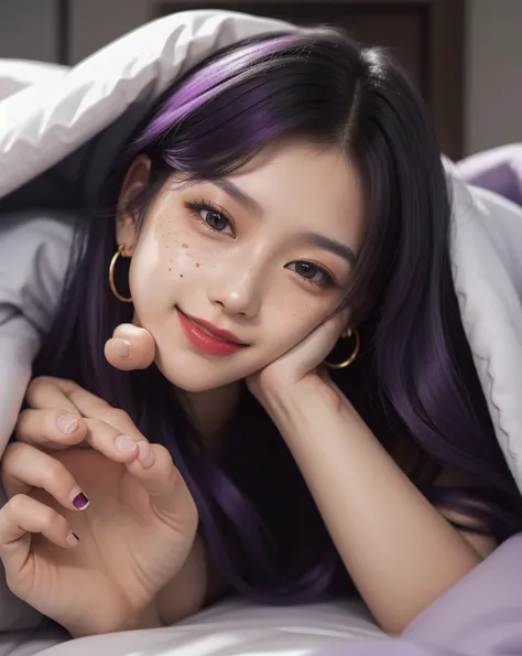 1 Girl, 19 years old, south korean, 4k, masterpiece, realistic, long whavy black hair with bangs, purple inner color hair, shining purple pupils, shining red lips, freckles, red eyeliners, golden hoop earings, naked, covered by a purple blanket, freckles, ...