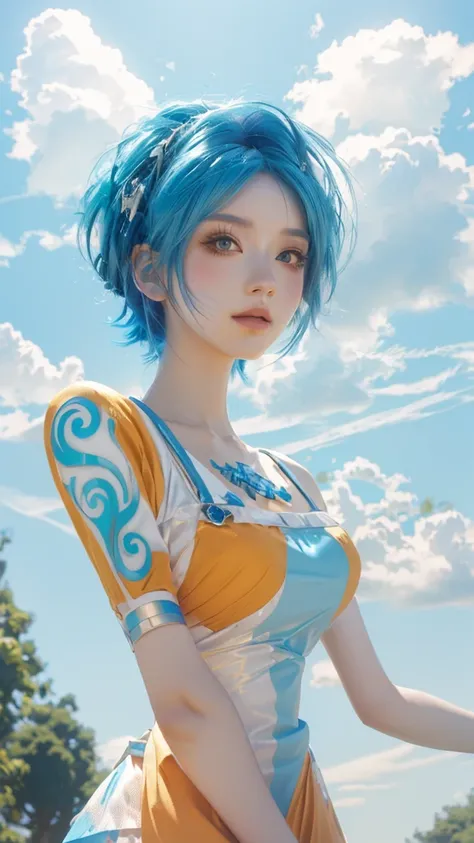 There is a blue-haired woman holding an orange in a field., Anime characters; Full Body Art, Anime Cosplay, Anime Girl Cosplay, Realistic Anime 3D Style, Trending on cgstation, Professional Cosplay, Inspired by anime, Anime Style. 8k, Full Cosplay, Stylize...