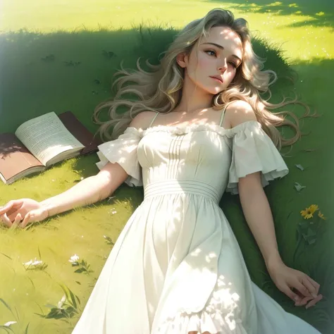 there is a woman laying on the grass with a book, david hamilton, movie screen shot, high resolution film still, lying on the grass, lying on field, sunday afternoon, still from lestate, film promotional still, lying scattered across an empty, film still p...