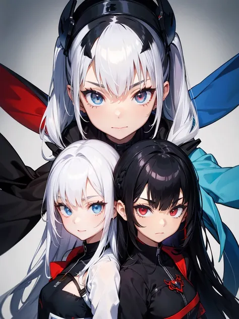 (on the left are black hair and red eyes,on the right are white hair and blue eyes:1.2), masterpiece, anime stills, intricate de...